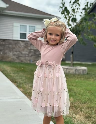 Arshiner Toddler Girls Tulle Dresses with Bow Tie Fall Winter Long Sleeve Formal Party Dress 1-7 Y3