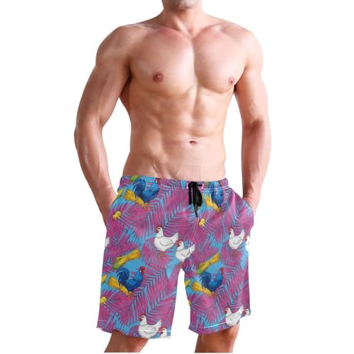 QUGRL Men's Beach Shorts Rooster Chicken Corn Palm Leaves Sky Quick Dry Swimwear Pants with Drawstring Casual Workout Shorts for Surfing Travel X-Large