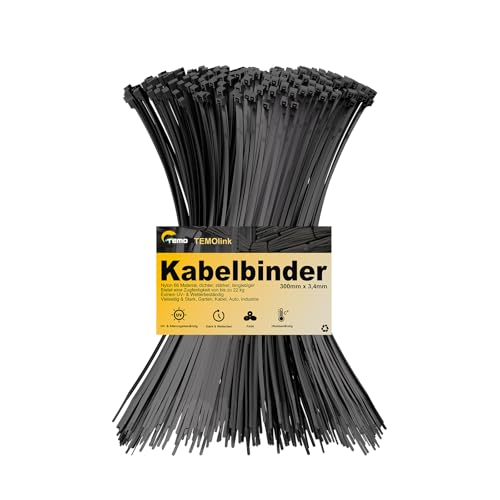 Temolink 100 fascette stringicavo nero, 300 x 3,4 mm, resistenti ai raggi UV, 22 kg, autobloccanti, resistenti alle intemperie, per la gestione dei cavi, giardino, ufficio e officina