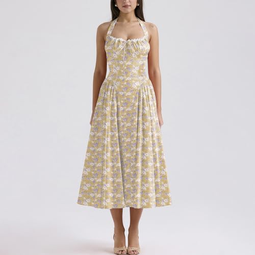 Image of Women Floral Corset Dress Halter Neck Low Cut Bustier Lace Midi Dress Flowy Pleated Hem Long Sundress with Pockets