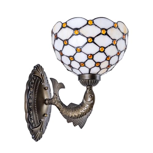 Image of Tiffany Style Wall Sconce White Amber Beads Stained Glass Lamp with 8-inch Lampshade for Bedroom Hallway Living Room Home Office