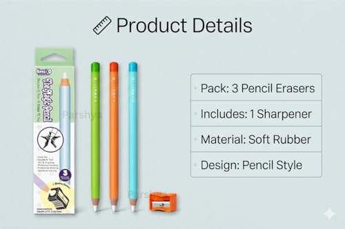 Image of Parshya Magic Pencil Shape Eraser Set with Sharpener | Premium Wooden Body Erasers for Kids, Students & Artists | Smooth Non-Dust Erasing | Ideal Birthday Return Gift(Pack of 2 Set)