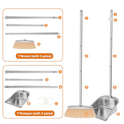 Kehrschaufel Set mit Langem Stiel 118cm Edelstahl Besen und Kehrschaufel Set Einstellbar Besen Set für Zuhause Küche Büro Straße (Quadratisch)