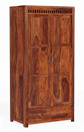 Image of WOODLAB Furniture Sheesham Wood Two Door and Drawer Storage Wardrobe for Home Wooden Almirah for Bedroom (Honey Finish)
