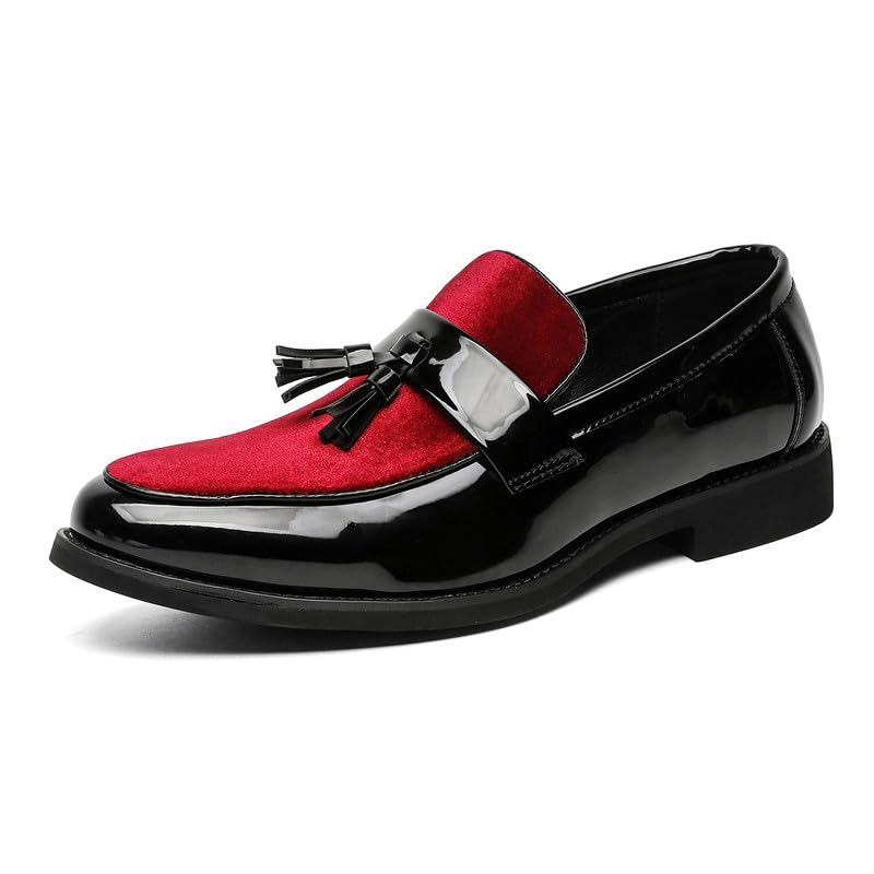 Santimon Men's Velvet Tassels Loafers Patent Leather Slip-On Formal Dress Shoes for Party Wedding Prom