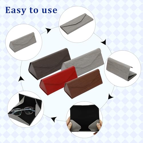 Image of 4 Pack Foldable Glasses Case, PU Leather Hard Shell Sunglasses Case with Magnetic Closure, Triangle Design Travel Eyeglasses Storage Case with 4 Cleaning Cloths