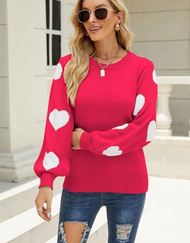 Image of Alsol Lamesa Women's Fall Pullover Sweaters Cute Hearts Long Sleeve Crewneck Casual Knitted Sweaters, X-Large, 238 Bright Pink