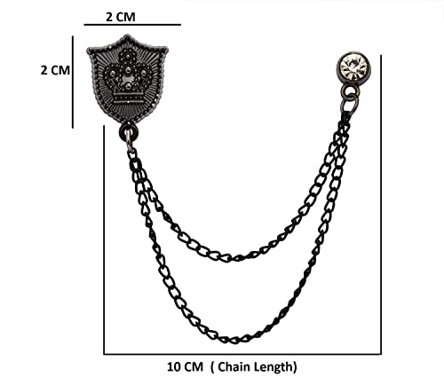Knighthood Brooch Pin Black Shield with Crown Engraving and Black Hanging Crystal Chain Brooch Suit Stud Lapel Pin3