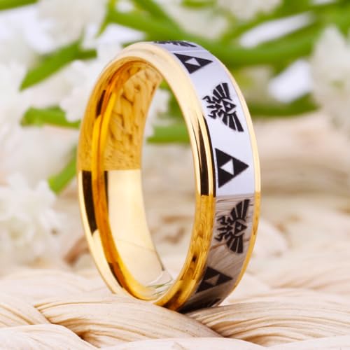 CLOUD DANCER Crest and Triforce Ring Game-Themed Laser Pattern Ring 6mm Silver Surface and Golden Step Tungsten Carbide Wedding Bands Ring - FREE Custom Engraving3