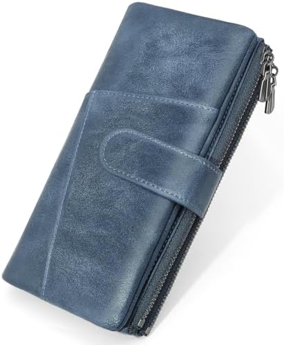REETEE Women's Large PU Leather Purse Women's Long Format Purse Women RFID Blocking Purse Ladies with Large Zip Coin Compartment Many Compartments and 23 Card Slots, blue, Retro