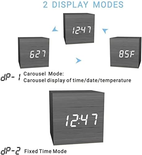Digital Wooden Alarm Clock USB/Battery Powered, Desktop Clock Cube Clock for Bedrooms, Kids, Living Room, Kitchen with Mini Cube LED Digital Clock with Time/Date/Temperature Display, Black