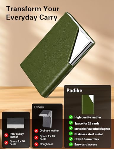 Image of Padike Business Card Holder, Leather Business Card Case Pocket Card Holders for Men or Women, Metal Slim Name Card Holder RFID Blocking Business Card Carrier with Magnetic Closure (Z-Olive Green)