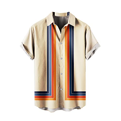 DGZTWLL Men's Holiday Beach Shirts | Casual Button Down Tops | Stripe Pattern Short Sleeve Summer Daily Comfort Wear Beige 3XL