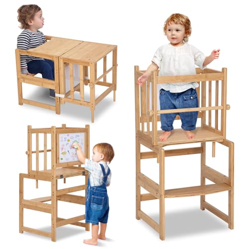 Image of COSYLAND 3-in-1 Multifunctional Toddler Standing Tower, Kids Kitchen Step Stool with Whiteboard, Desk Table and Chair, Enjoys Unique Patented Design,CPC,SOR,CE Natural