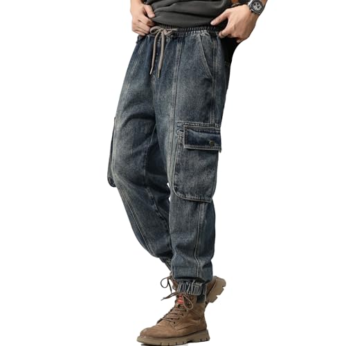 XYXIONGMAO Men's Casual Joggers Vintage Washed Streetwear Hip Hop Loose Sweatpants Multi-Pocket Cargo Pants Techwear Denim