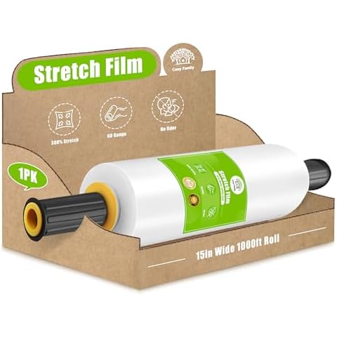 Cosy Family Plastic Wrap Stretch Film Roll - 1000ft 60 Gauge Industrial Strength 15 inch Wide Clear Plastic Wrap Roll with Handles for Pallet Wrapping Shipping Moving - Clear, Pack of 1 Cover