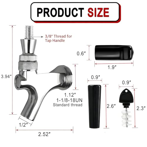 1 Set All 304 Stainless Steel Beer Tap Faucet Kit - Draft Beer Dispenser with Handle, Spout Cover & Cleaning Brush for Kegerator Home Bar (All Stainless Steel Construction) (1)