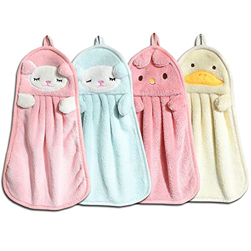 お手拭きタオル ループ付き ハンドタオル おてふきタオル ふわふわ かわいい動物柄速乾 吸水性 家庭用 繰り返し利用可能 洗面台 キッチン 入園準備 保育園 プレゼント 贈り物 4枚セット 4枚セット D