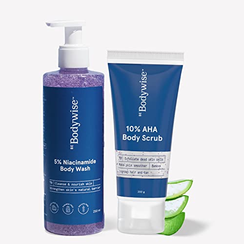 Image of Be Bodywise 10% AHA Body Scrub & 5% Niacinamide Body Wash | With 10% Lactic Acid, 5% Niacinamide, Oat Extract & Aloe Vera Extract | Exfoliates Skin, Nourishes Skin, Reduces Tan, & Ingrown Hair