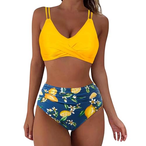 Shffuw Bikini Volantes Mujer Trages De BañOs Traje de baño Retro Envolvente Cintura Alta para Mujer, Traje con Estampado Pieza, Conjunto Piezas Natacion (Gold, M)