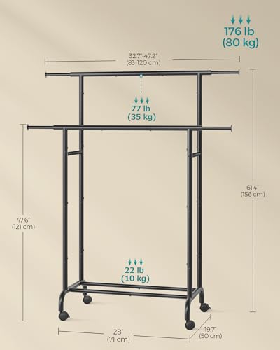 SONGMICS Clothes Rail, Double Clothes Rack on Wheels, Extendable Garment Rack, Heavy-Duty Metal Frame, 80 kg Total Max. Load, 83-120 cm Wide, Ink Black HSR133B01 - Image 5
