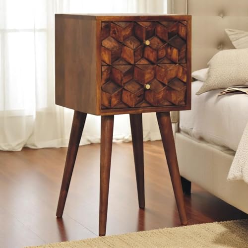 muenfly Mini comodino a forma di cubo in legno massello con 2 cassetti, marrone scuro, comodino compatto