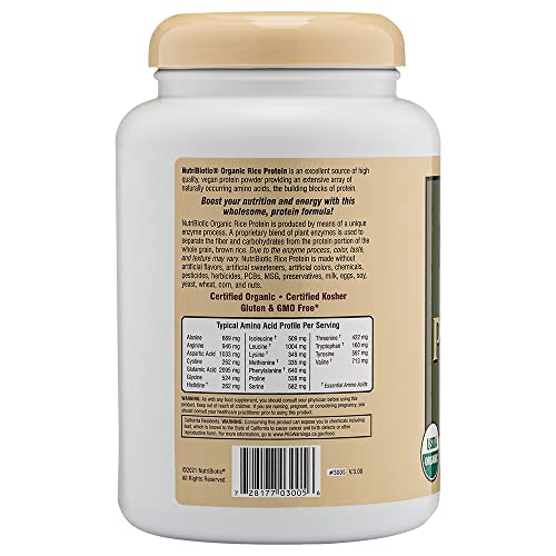 Image of NutriBiotic Certified Organic Rice Protein Vanilla, 1 Lb. 5 Oz | Low Carbohydrate Vegan Protein Powder | Raw, Certified Kosher & Keto Friendly | Made Without Chemicals, GMOs & Gluten | Easy to Digest
