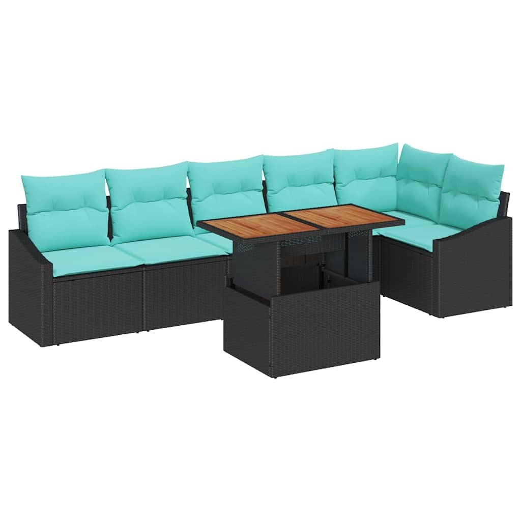 Juego de muebles de jardín de 7 piezas con espacio de almacenamiento, de polirratán con mesa y cojines de madera de acacia, para terraza y jardín, color negro