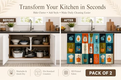Image of Decorative Sink Curtain for Kitchen | Pack of 2| 150x70 cm Under-Sink Cover | Printed Fabric Panel with Rod Pocket | Washable Storage-Hiding Curtain for Modern Home Decor (Carrot Pack of 2)