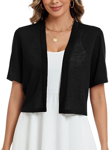 Heymoments Women's Thin Shrugs Short Sleeve Lightweight Cropped Tops Open Front Knitted Cardigan for Dress Summer Bolero