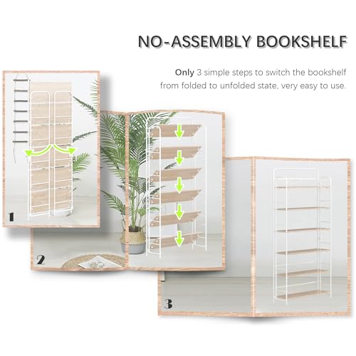 Image of 4NM No Assembly Folding Bookshelf, 6 Tiers Collapsible Book Shelves Open Industrial Foldable Storage Bookcase Shelf for Bedroom, Living Room, Home Office - Natural and White