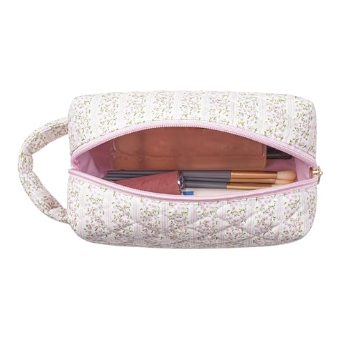 Makeup Bag Travel Cosmetic Bag for Women, Zipper Make Up Pouch, Floral Flowers Toiletry Organizer Makeup with Handle, Cosmetic Travel Cloth Bag (Pink Floral)3