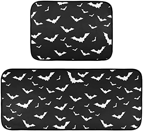Krafig Halloween with Bats Kitchen Rug Set of 2, Washable Non-Slip Anti Fatigue Distressed Comfort Memory Foam Rubber Backing Rug for Kitchen Floor Living Room Bedroom Bathroom Laundry Room