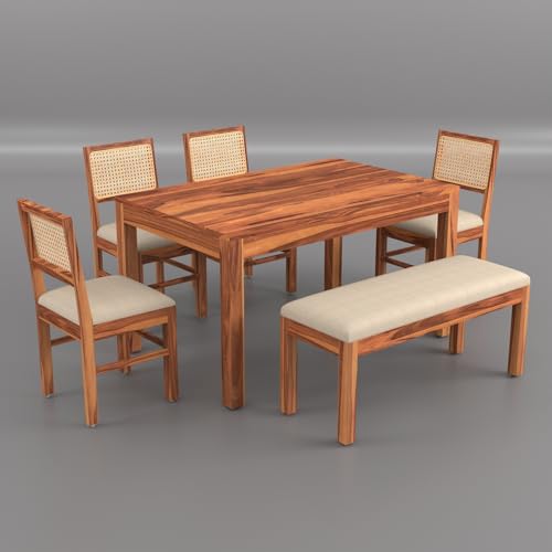 Image of 55 Inch Length Solid Wood Cane 6 Seater Dining Table Set | Six Seater Dining Table With 4 Cushions Chairs & 1 Bench For Dining Room | 6 Seater Dining Set for Hotel Restaurant | Sheesham, G-Honey