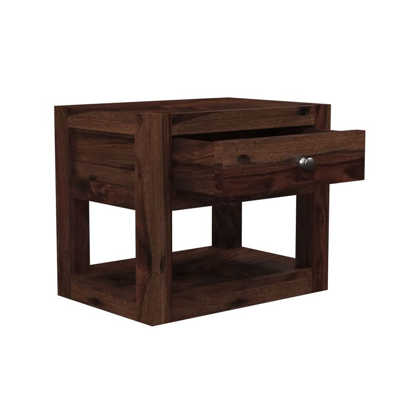 Image of Solid Wood Sheesham End Table with 1 Drawer and 1 Open Shelf Modern Design - Walnut Finish