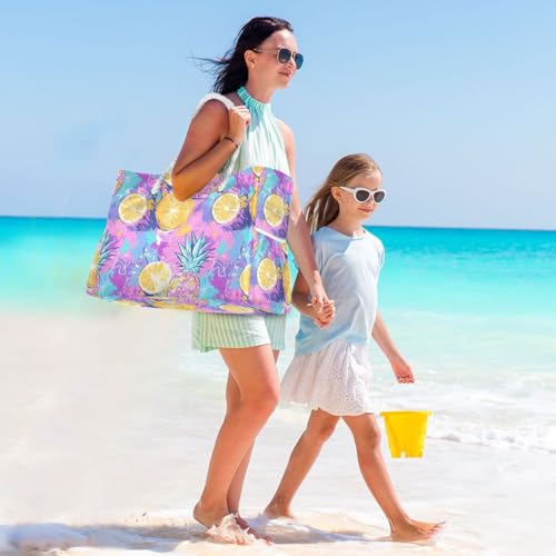 JUNZAN Tropical Fruits Blue Beach Tote Bag with Handles Swim Pool Bag Beach Totes Bags for Women with Waterproof Pockets2