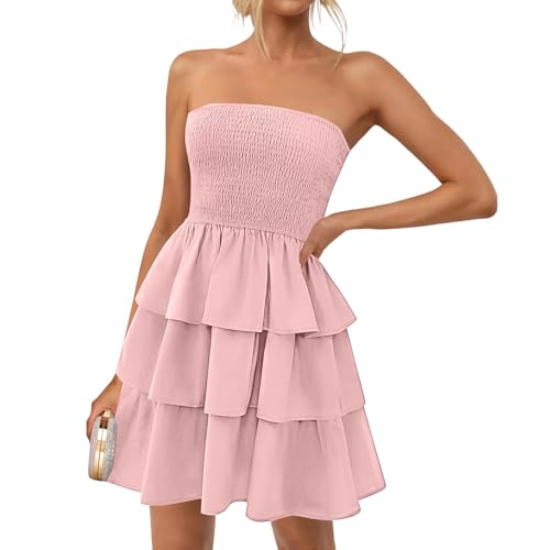 Robe Bustier Femme sans Bretelles À Volants Superposés en Tissu Léger Coupe Courte pour Été Printemps Rose S