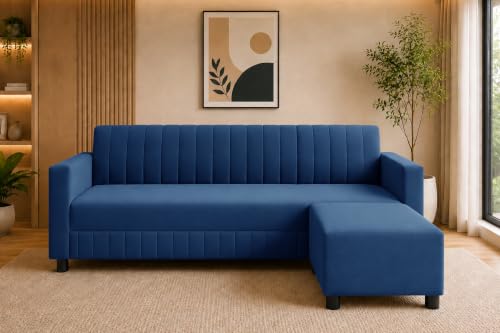 Image of 3 Seater Wooden Sofa with Ottoman | Modern Sofa Set for Living Room | Stylish Home Furniture Sofa with Comfortable Seating-Blue