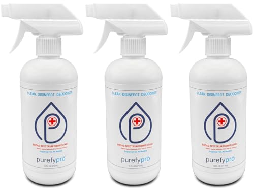Purefypro Disinfectant Spray (16oz, 3pk) Eliminate 99.9999% MRSA, Viruses, Norovirus, Flu, Hepatitis, HIV, VRE, E Coli, Drug Resistant Germs, Fungi. Unscented. No Residue. Suitable All Surfaces