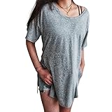 Women's loose fit deep round neck long T shirts (One size, Gray)