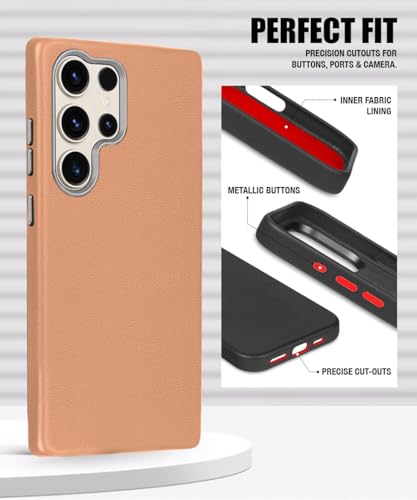 Image of WOW IMAGINE Back Cover for Samsung Galaxy S24 Ultra 5G | Shockproof Tough Leather Texture Hard Mobile Case | Ultra Slim Non-Slip Grip | Inner Velvet Fabric | Metal Camera Ring - Tan Brown