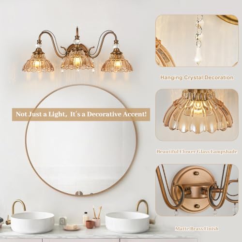 Image of Vintage Bathroom Vanity Light, 3-Light Matte Antique Brass Finish Wall Sconce with Hanging Crystal Accents and Flower-Shaped Amber Glass Shades, Retro Wall Mount Vanity Light Over Mirror for Bathroom