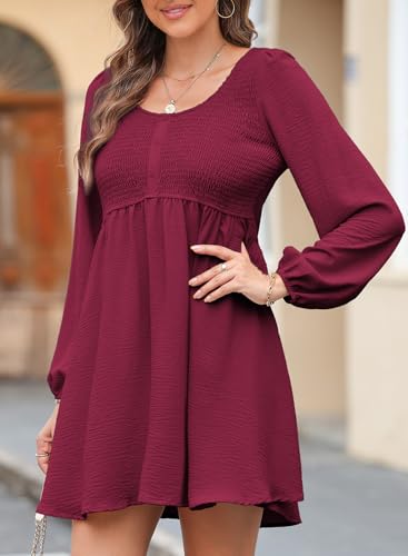 Image of Dokotoo Fall Dresses for Women 2026 Casual Long Sleeve Mini Dress | Smocked Crewneck, Button Up, Empire Waist, A-Line Hem, Solid Color, Floral Pattern