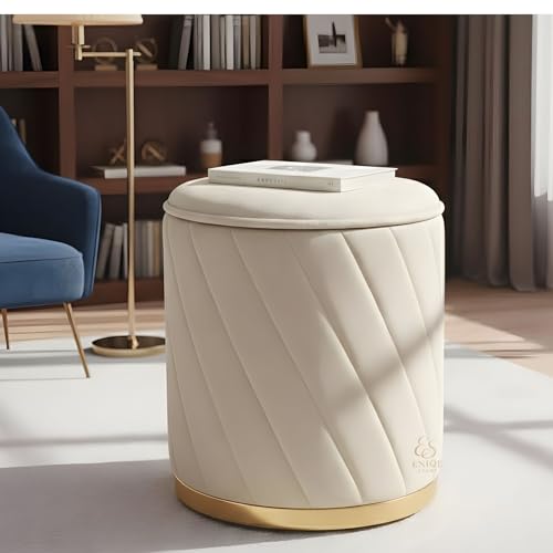 ENIQE STORE Luxury Round Velvet Ottoman Stool with Gold Base – Modern Upholstered Footrest Pouffe, Tufted Vanity Seat, Living Room Bedroom Dressing Stool (Cream)