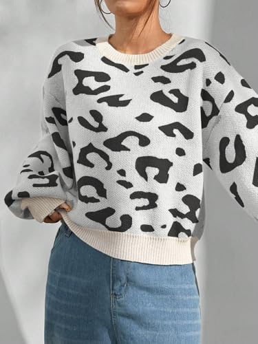 Image of SHENHE Women's Vintage Leopard Print Crew Neck Drop Shoulder Loose Knit Pullover Sweater