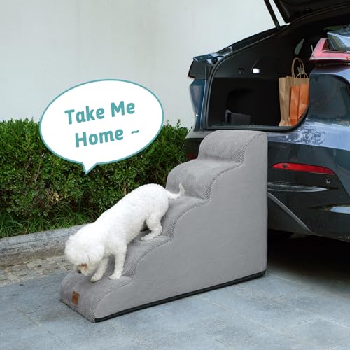 COZY KISS Hundetreppe für Kleine Hunde 57cm, Haustiertreppe für Hochbett aus Hochdichtem Schwamm, Hunde Treppe Hunderampe mit Waschbarem Bezug und Rutschfestem Boden, 40x84x57cm, 5 Stufen, Grau