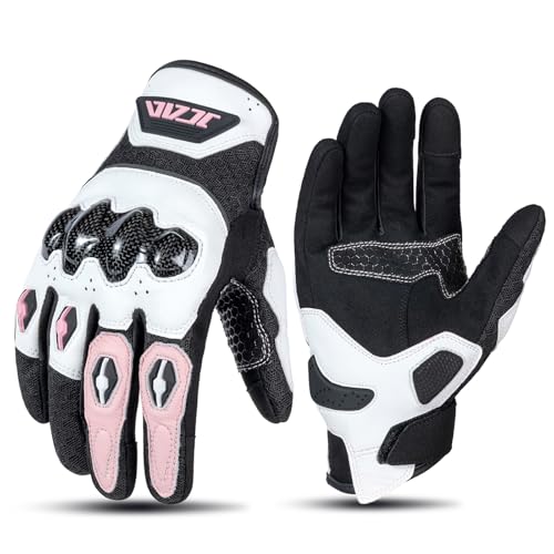 Guantes de Motocicletas de Cuero para Mujeres, Guantes de Motocross de Damas Rosas, Estuche Anti-caída/Transpirable/Fibra de Carbono Resistente a Ciclismo Vintage (Rosa, Medium)