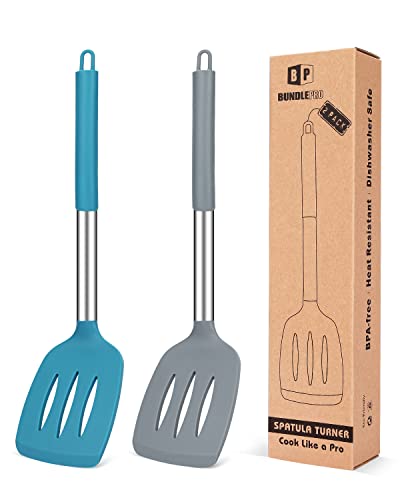 Pack Of 2 Silicone Slotted Spatula, Non Stick Kitchen Turners, High Heat Resistant Bpa Free Kitchen Utensils, Ideal Cookware For Fring Fish, Eggs, Meat,French Fries (Gray-Blue) #TOP19