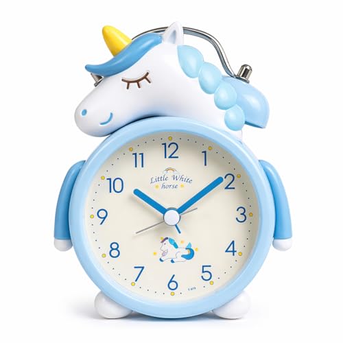 JRose Collections Reloj despertador de unicornio para niños, doble campana, silencioso, de cuarzo, funciona con pilas, reloj de mesa analógico de 10 cm, bonito reloj de dormitorio infantil JR2533