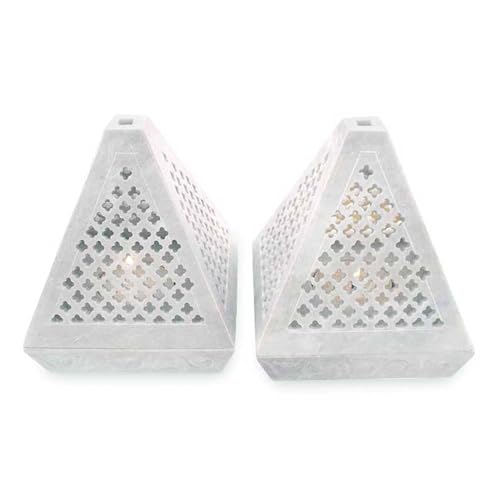 NOVICA Artisan Handcrafted Soapstone Candleholders Jali Pair Beige India Lamps Lighting East Meets West Beach Bonfire 1001 Summer Nights [4.7in H x 3.9in W x 3.9in D] ' Lace Pyramid' Pair